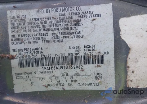 2005 Ford Taurus Sel z USA, uszkodzony, nr VIN 1FAFP56U95A152962